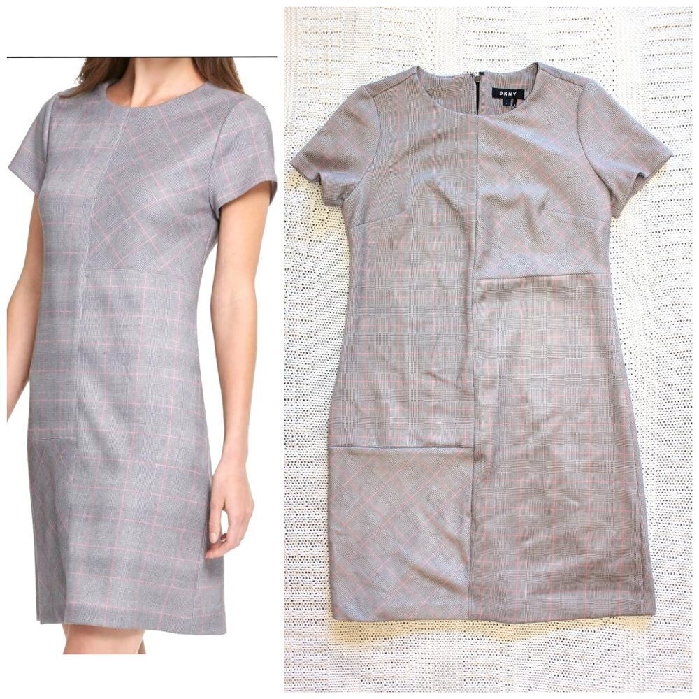 DKNY Suede Plaid Grey & Pink Mini Dress Size 6 Zip up Short sleeve Career work